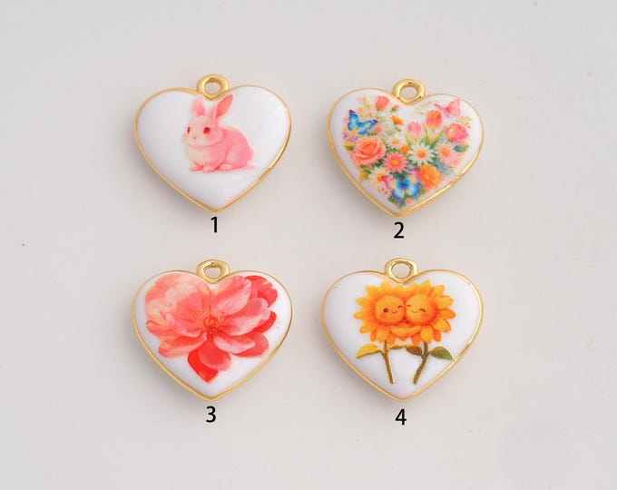 18K Gold Filled Heart Pendant,Enamel Rabbit Charms,Flower Charm DIY Jewelry Making Supply,18.3x18.8x4.4mm