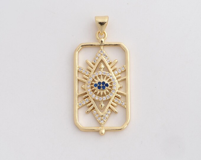 Square Eye Pendant,Square Charms 18K Gold Filling Eye Charm MicroPave CZ  Good Luck Charms DIY Jewelry Supplies,37.3x17x3.2mm
