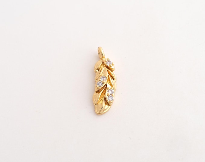 18K Gold Filled Leaf Charm, Micropavé CZ Leaf Pendant,Leaf Necklace Charm, DIY Jewelry Supplies, 17.8x5.5x3mm