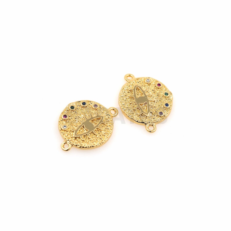 Colorful Round Evil Eye Coin,CZ Micro Pave crystal Evil Eye connectors,Gold plated Bracelet Coin 15x19.7x1.9 mm 1pcs