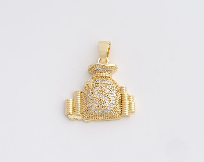 18K Gold Filled Money Bag Charm, Micropavé CZ Money Bag Pendant,Money Bag Necklace Charm, DIY Jewelry Supplies, 27.7x24x4.7mm