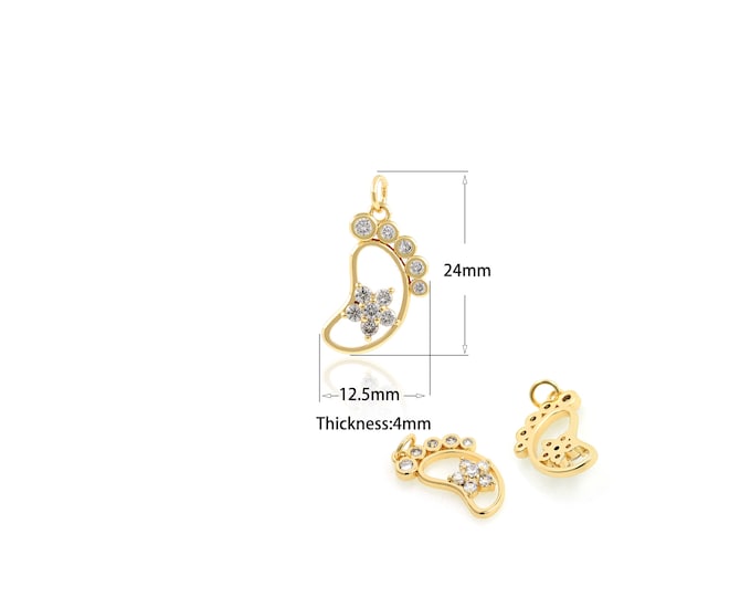 1PCS Hollow Foot Pendant Cute Sweet Little Baby Foot Ornaments Gold Filled Baby Foot Necklace Cubic Zirconia CZ Charm 12.5x24x4mm