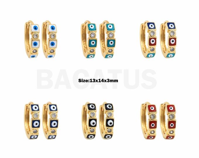 Rectangular Earrings, Micropavé CZ Enamel Earrings, 18K Gold Filled Round Earrings, Eye Earrings, DIY Jewelry Supplies, 13x14x3mm