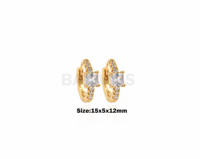 1Pair Square Zircon Earrings, Brass Round Hoop Earrings, Hug Hoop Earrings With Zircon, Exquisite Hoop Earrings, Gold Filling 15x5x12mm