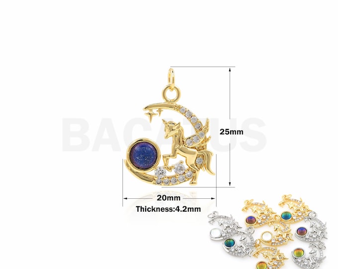 Horse Pendant, Moon Necklace,Micropavé CZ Gemstone Charm,Animal Pendant,18K Gold Filled Crescent Necklace,DIY Jewelry Supplies, 25x20x4.2mm