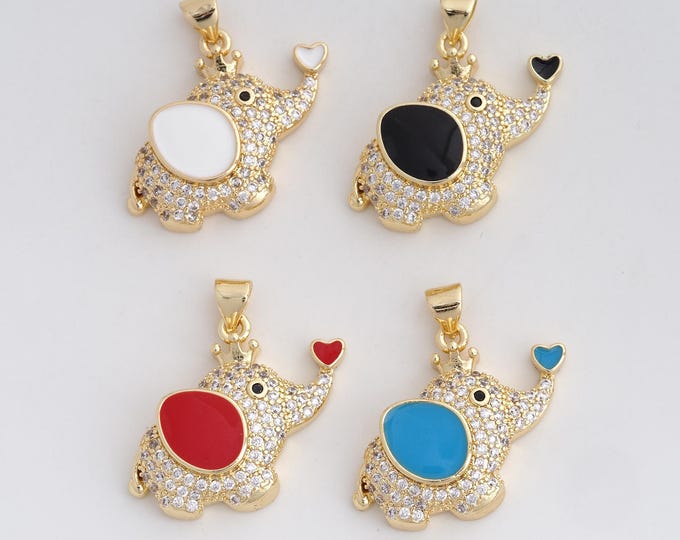 18K Gold Filled Elephant Pendant,Elephant Charm Enamel Charms for DIY Jewelry Making Supply,25.4x27.2x6mm