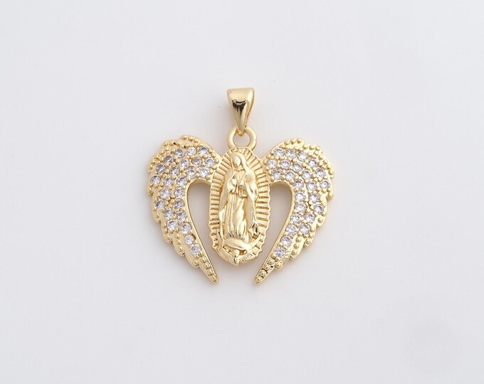 Heart Virgin Mary Charms,18K Gold Filled Catholic Pendant,Wings Religion Charm DIY Jewelry Making Supply,26.7x24.6x3.5mm
