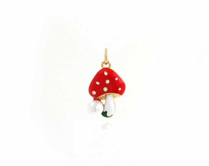 18K Gold Filled Mushroom Pendant,Gold Dainty Mushroom Charms,Enamel Charms,DIY Jewelry Making Supply,22x11.5x6mm