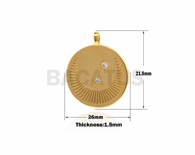 1PCS  Star and Moon Necklace，Gold Moon and Star Medallion Pendant，Crescent Moon Round Disc Charm Necklace Pendant 26×21.5×1.5mm