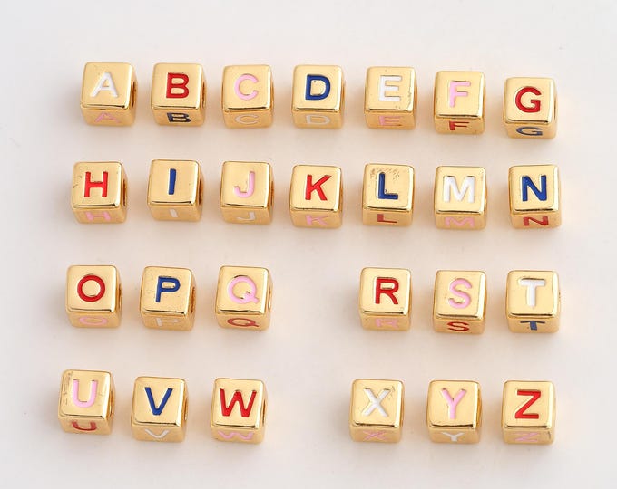 Gold Enamel Square Initial Beads, 18K Gold Filld A-Z Letter Beads,for Jewelry Making Supplies,8x8mm Hole 4.3mm