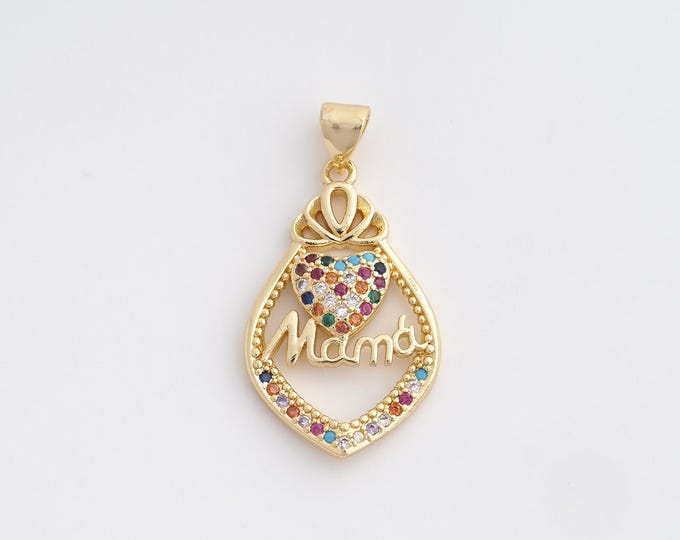 18K Gold Filled MAMA Charm, Micropavé CZ Heart Pendant,Letter Necklace Charm, DIY Jewelry Supplies, 32.4x17.2x3.3mm