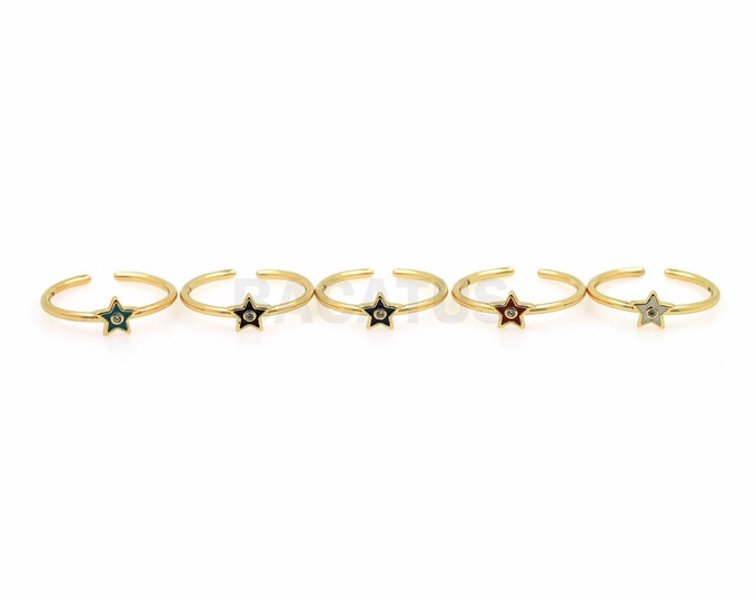 Micropavé CZ Adjustable Ring, 18K Gold Filled Enamel Star Ring, Polaris Ring, Gold Open Ring, Signet Ring