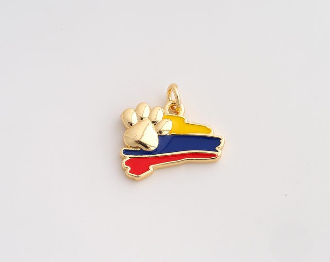 18K Gold Filled Colombia Flag Charm,Dainty Enamel Paw Print Pendant,Colombia Pendant ,DIY Jewelry Supplies,15.7x18.3x3mm