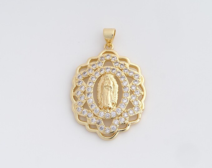 MicroPave CZ Religious Pendant,18K Gold Filled Flower Charm,Marry Mother Pendant,DIY Jewelry Supplies,36.8x23.8x3.5mm