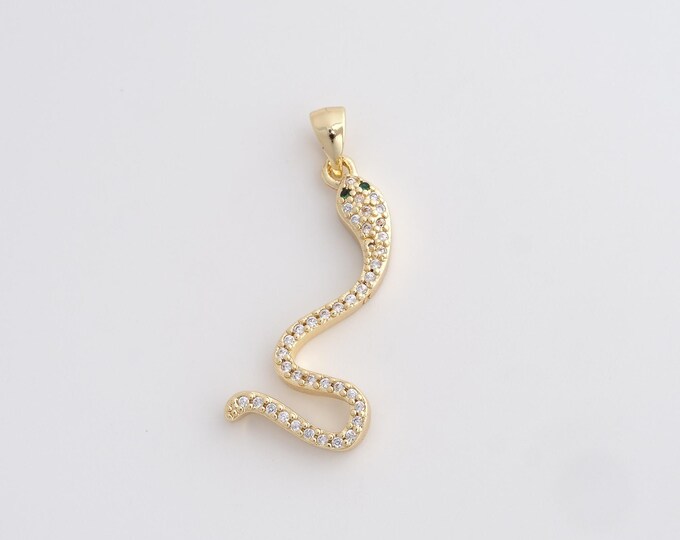 18K Gold Filled Snake Charm, Micropavé CZ Animal Pendant,Snake Necklace Charm, DIY Jewelry Supplies, 35.2x15x3.5mm