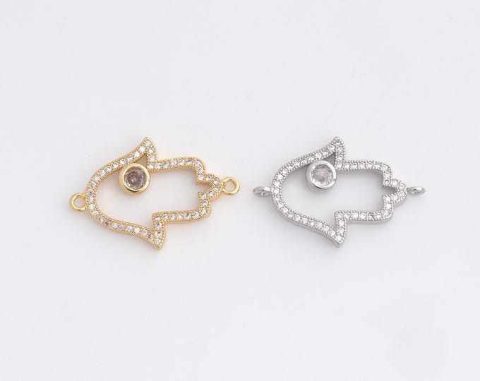 18K Filled Hamsa Connector,CZ Fatima Charm,Hand Charm,For Jewelry Making Accessories 25x17x2.5mm