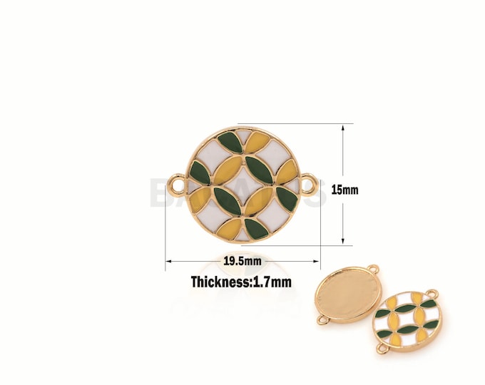 1pcs Enamel Round Four-Leaf Clover Connector, Four-Leaf Clover Charm, Four-Leaf Clover Pendant, Round Charm 19.5×15×1.7mm