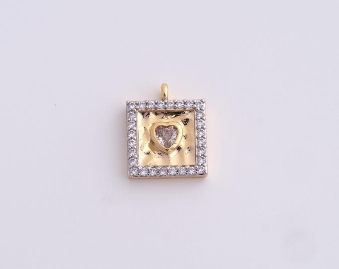 Square Pendant,Micropavé CZ Heart Necklace,18K Gold Filled Heart Charm,Rectangular Necklace,DIY Jewelry Supplies,15.8x12.8x3.2mm