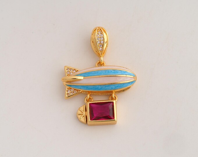 18K Gold Filled Airship Charm,Dainty Enamel Airship Pendant,CZ Airship Pendant ,DIY Jewelry Supplies,32.6x24x7mm