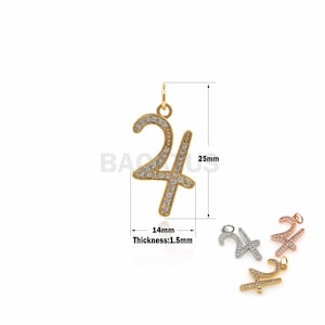 Puede incluir: Encanto dorado con el número 24 en una fuente cursiva, incrustado con diamantes de imitación transparentes. El encanto mide 25 mm de alto y 14 mm de ancho. El encanto se muestra en tres acabados metálicos diferentes: oro, plata y oro rosa.