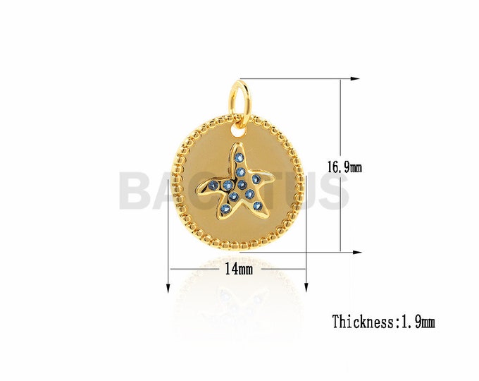 Starfish pendant, CZ starfish necklace, ocean charm, round starfish pendant, DIY jewelry making supplies 16.9x14x1.9mm 1PCS
