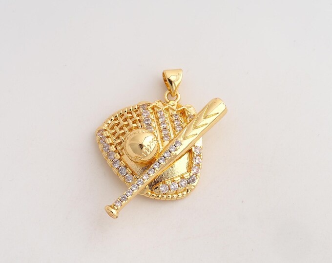 18K Gold Filled Baseball Bat Charm,Dainty Baseball Glove Pendant,CZ Baseball Pendant ,DIY Jewelry Supplies,37.4x28x10.6mm
