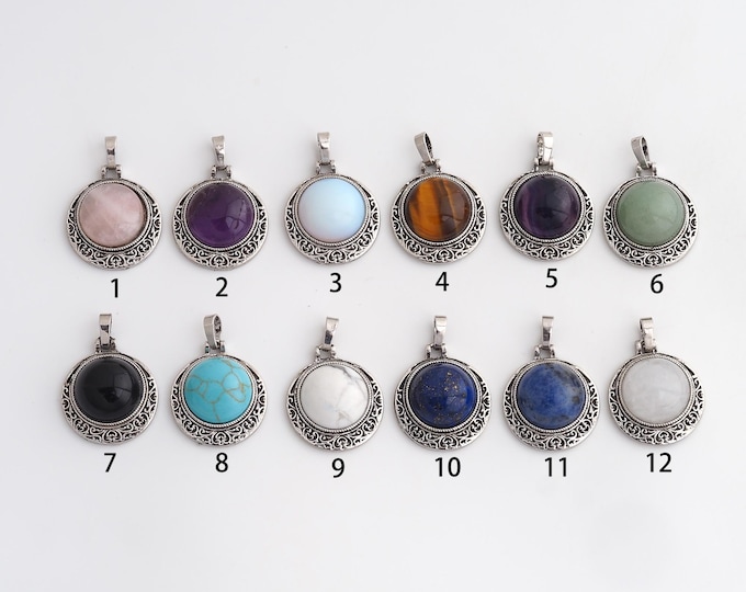 Vintage Silver Pendant,Natural Stone Charms,Crystal Gemstone Charm DIY Jewelry Making Supply,31x22x8.6mm