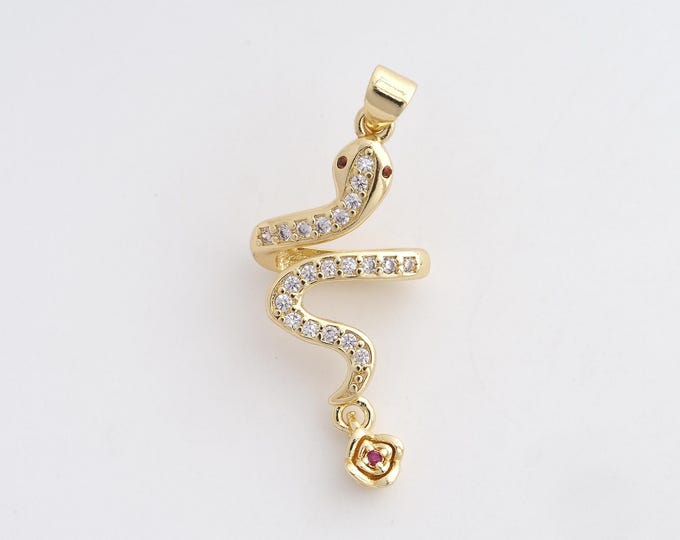 18K Gold Filled Snake Charm, Micropavé CZ Animal Pendant,Snake Necklace Charm, DIY Jewelry Supplies, 39x16.2x8.4mm