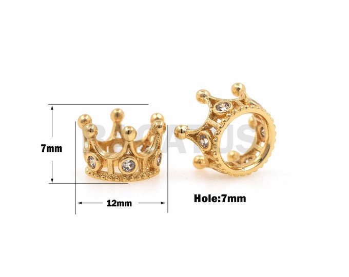 1PCS CZ Hollow Gold Crown Beads, Crown Beads Spacer Beads, Micro-Paved Crown Beads, Suitable For Jewelry Making 12×7mm  Hole 7mm