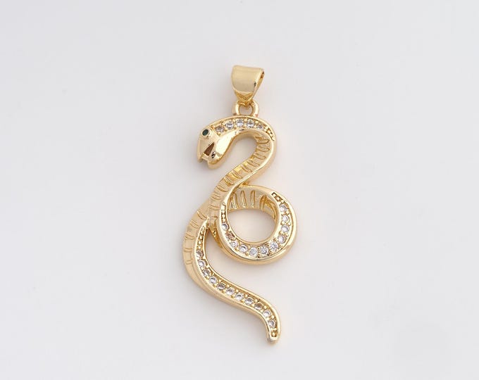18K Gold Filled Snake Charm, Micropavé CZ Animal Pendant,Snake Necklace Charm, DIY Jewelry Supplies, 38.6x15x3.7mm