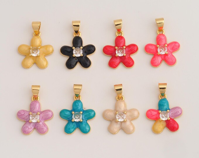 18K Gold Filled Flower Charm,Dainty Enamel Flower Pendant,CZ Flower Pendant ,DIY Jewelry Supplies,21.5x15x3.8mm