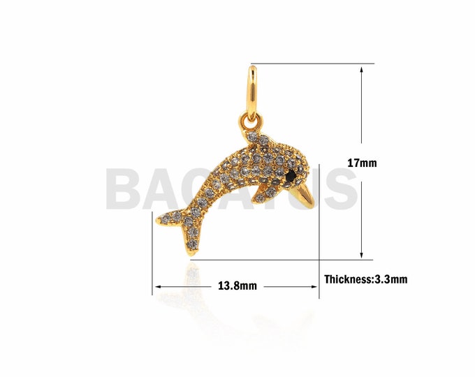 1PCS Micro Pave Dolphin Pendant, Ocean Charm, Brass Gold-Plated Dolphin Jewelry, Suitable For jewelry Making Supplies 17x13.8x3.3mm
