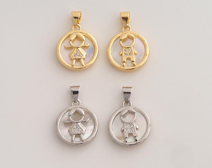 18K Gold Filled Couple Charm,Dainty Fritillaria Boy Girl Pendant,CZ Couple Pendant ,DIY Jewelry Supplies,22.7x15x3mm