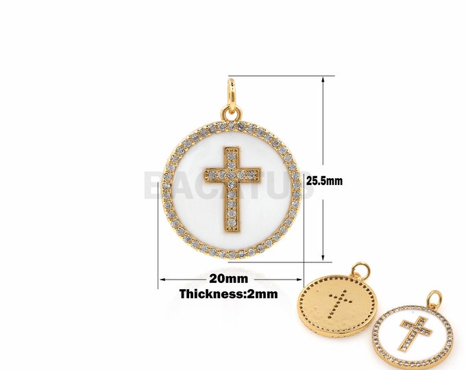 1PCS Disc Necklace Cross Pendant Enamel Charm 18K Gold Filling Micro-Pave Cross Charm DIY Jewelry Making Round Charm 25.5x20x2mm