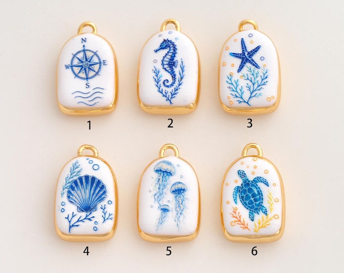 18K Gold Filled Seahorse Jellyfish Shell Charm,Enamel Marine Life Pendant,Turtle Compass Starfish Pendant ,DIY Jewelry Supplie,21.6x13.6x6mm