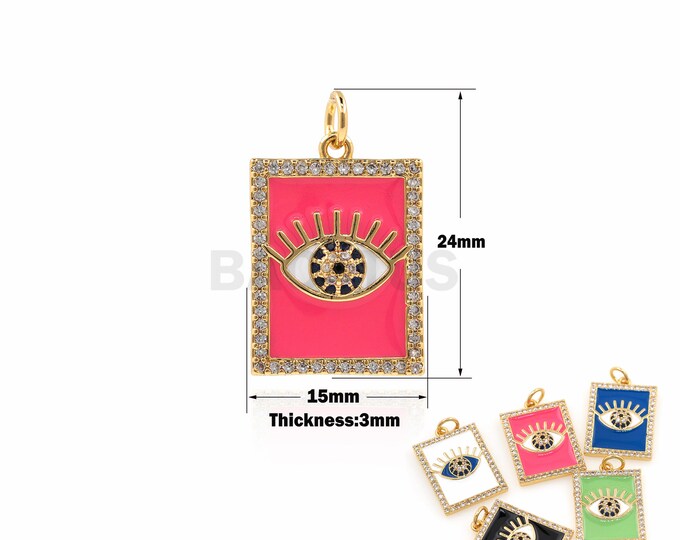 18K Gold Filled Square Enamel Pendant,Eye Necklace, Square Necklace, Micro-Pavé CZ Eye Necklace, Eye Charm,Eye Charm 24x15x3mm