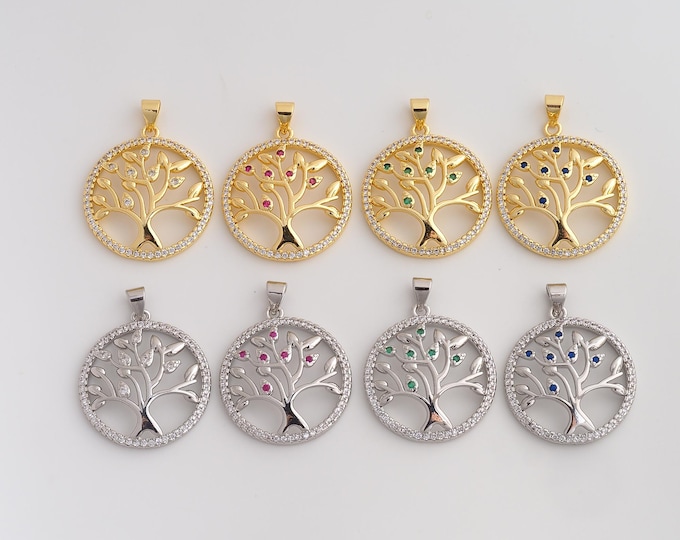 18K Gold Filled Tree of Life Charm,Dainty Round Tree Pendant,CZ Round Pendant ,DIY Jewelry Supplies,30.8x24x4.6mm