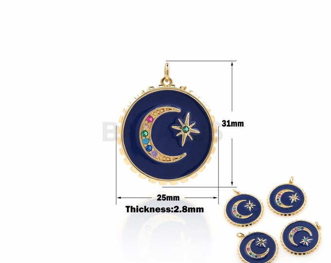 1PCS Round Coin Pendant Star Moon Jewelry Star Charm Moon Necklace Jewelry DIY Jewelry Making Enamel Charm Micro-Pave 31x25x2.8mm