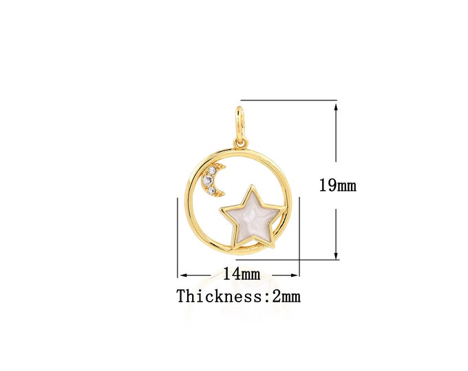 18K Gold Filled Star Pendant,Gold Dainty Moon Charms,Round Charm Bracelet Necklace for DIY Jewelry Making Supply