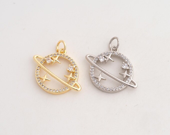 18K Gold Filled Saturn Charm,Dainty Universe Planet Pendant,CZ Star Pendant ,DIY Jewelry Supplies,22x21.5x3.3mm