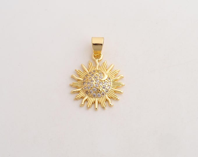 18K Gold Filled Sun Charm,Dainty Celestial Pendant,CZ Sunburst Pendant ,DIY Jewelry Supplies,26.3x18.6x3.6mm