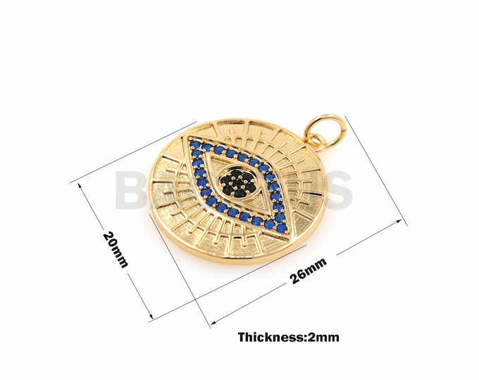 1PCS  Round Coin Blue Eye Pendant,  Monocular charm,CZ Micropavé  Eye Necklace Bracelet Jewelry Making 26×20×2mm