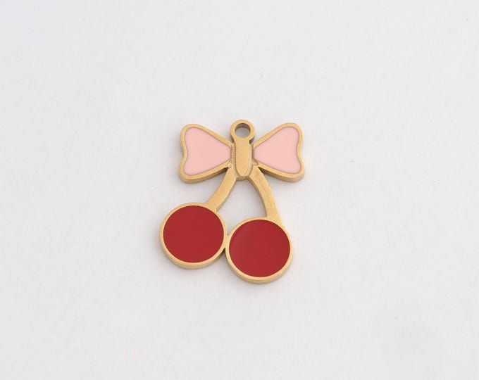 Stainless Steel Cherry Pendant,Enamel Charms,Fruit Charm Bracelet Necklace for DIY Jewelry Making Supply,18x14.8x1.3mm