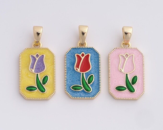 18K Gold Filled Rose Pendant,Square Flower Charm,Enamel Rose Pendant DIY Jewelry Accessories, 29.5x14x2.4mm