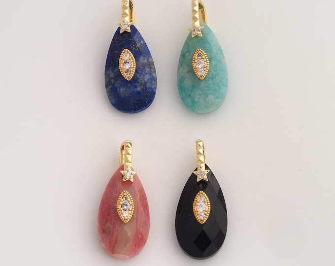 18K Gold Filled Natural Stone Charm,Dainty Energy Stone Pendant,Water Drop Stone Pendant ,DIY Jewelry Supplies,31x13.3x8.2mm