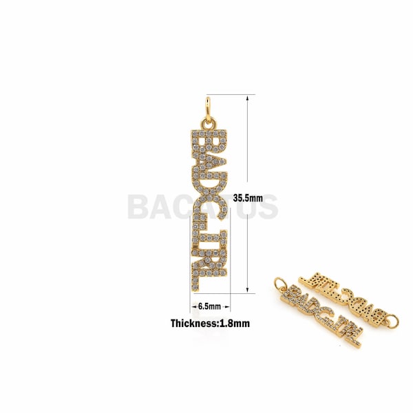 1PCS BADGIRL Pendant Bad Girl Word Necklace Cubic Zirconia DIY Jewelry Making Supplies Gold Filled 18K 35.5x6.5x1.8mm