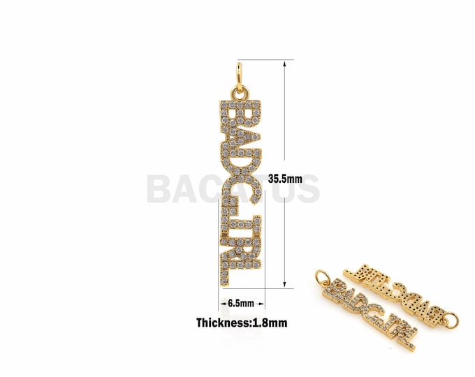 1PCS BADGIRL Pendant Bad Girl Word Necklace Cubic Zirconia DIY Jewelry Making Supplies Gold Filled 18K 35.5x6.5x1.8mm
