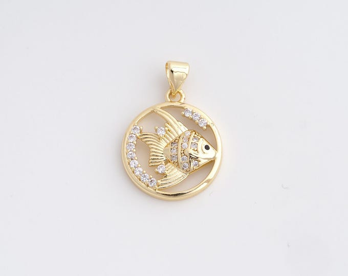 18K Gold Filled Fish Pendant, Cubic Zirconia Marine Life Pendant, Round Pendant, Jewelry Accessories 25x17.8x3.2mm