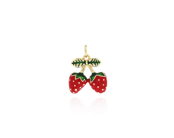 18K Gold Filled Enamel Strawberry Pendant, Strawberry Necklace, Enamel Fruit Pendant, Fruit Charm, Gourmet Pendant 19x14.7x3mm