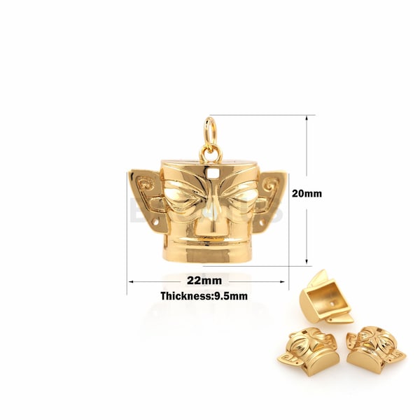 1PCS Mask Pendant Gold Filled Mask Pendant Necklace Pendant Jewelry Ethnic Pendant Handmade Pendant 18K Mask Charm 20x22x9.5mm